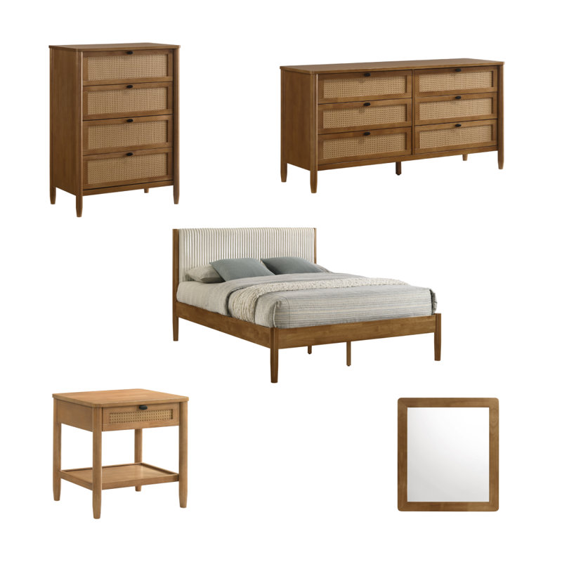 Ensemble de chambre à coucher 5 pièces en bois d'hévéa avec commode, miroir, table de chevet et commode Vichy