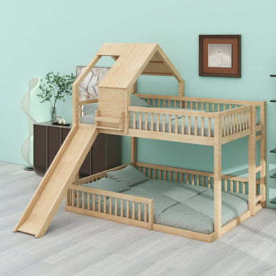 House-Shaped Bunk Bed Frame with Slide and Integrated Ladder
