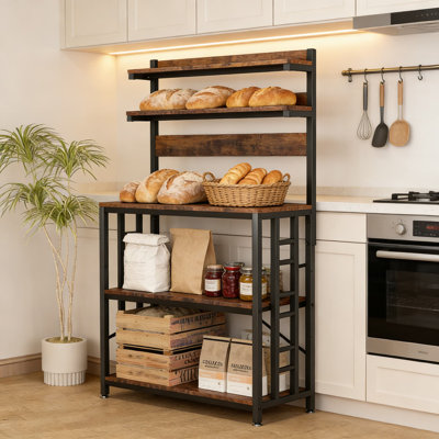 Adjustable Kitchen Bakers Rack With Power Outlet, LED Lights, And Storage Shelves - Heavy-Duty Microwave Stand And Coffee Bar Station For Spices, Pots, And Pans