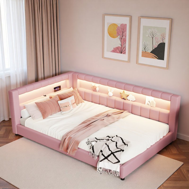 Upholstered Daybed With Usb Ports And Led Light Strips, Full XL, Pink