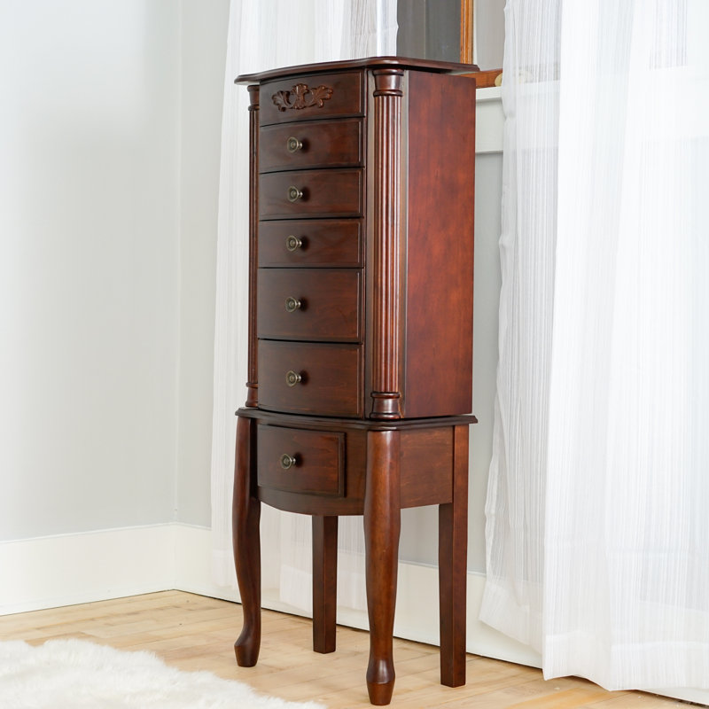 Dark Walnut Traditional Freestanding Jewelry Armoire with Mirror