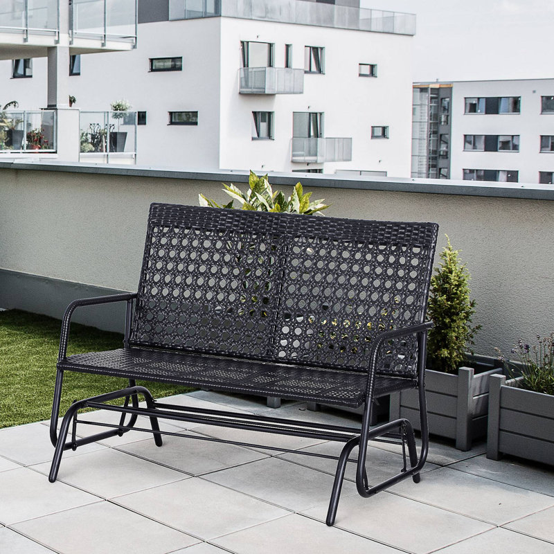 Patio 2-Person Wicker Glider Bench Rocking Chair, Outdoor All-Hand Woven PE Rattan Loveseat W/ Ergonomic Design Rocking System For Patio, Garden, Porch, Lawn
