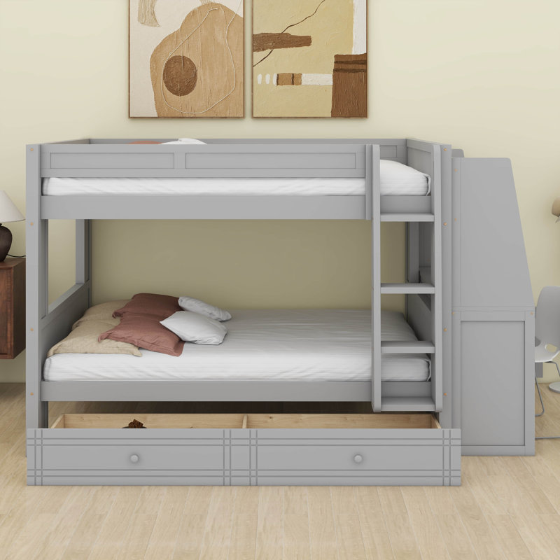 Lit superposé double pleine grandeur avec bureau et bibliothèques, tiroirs, lit superposé en bois compact pour enfants et adolescents
