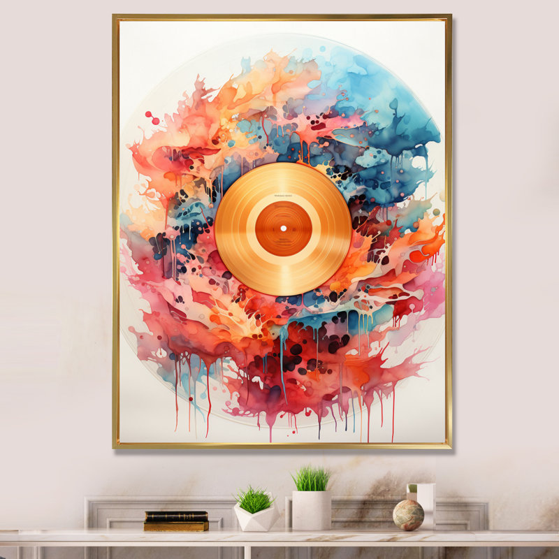 Rainures de vinyle colorées III sur toile, H 32 po x l 16 po x P 1 po, Cadre flottant doré