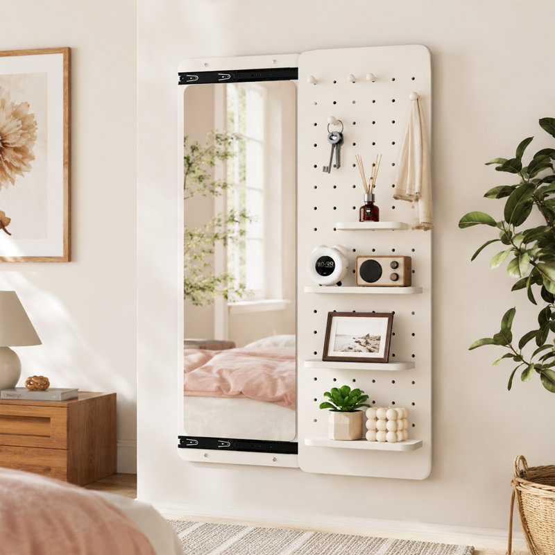  Miroir mural moderne en bois d'hévéa avec panneau coulissant et rangement réglable