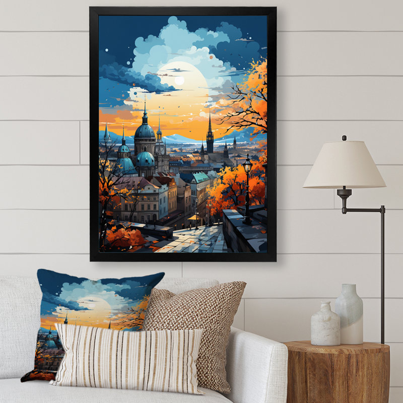 «Yellow Teal City Prague Popart II», reproduction sur toile, H 20 po x l 12 po x P 1 po, Cadre photo noir