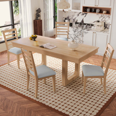 5-Piece Extendable Dining Table Set, Farmhouse Extendable Table with 18" Move Leaf, 78" Rustic Wooden Kitchen Table and 4 piece Upholstered Chairs, Ex