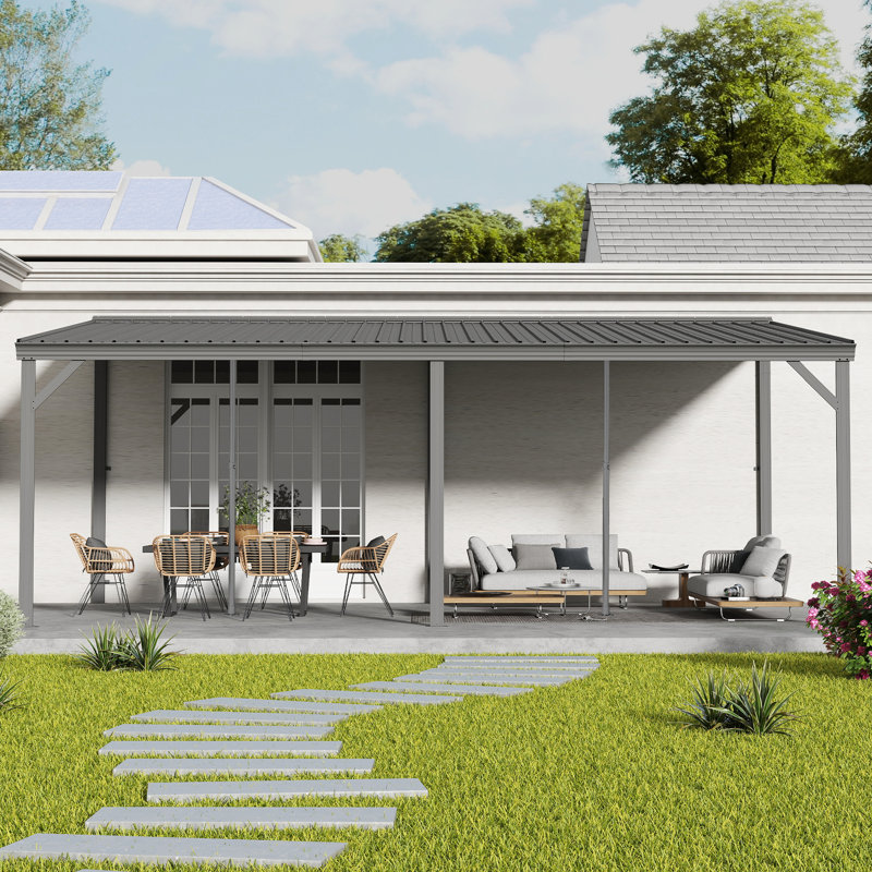Pergola murale de terrasse avec toit en acier galvanisé incliné, H 97,8 po x l 236,4 po x P 143,28 po, Gris