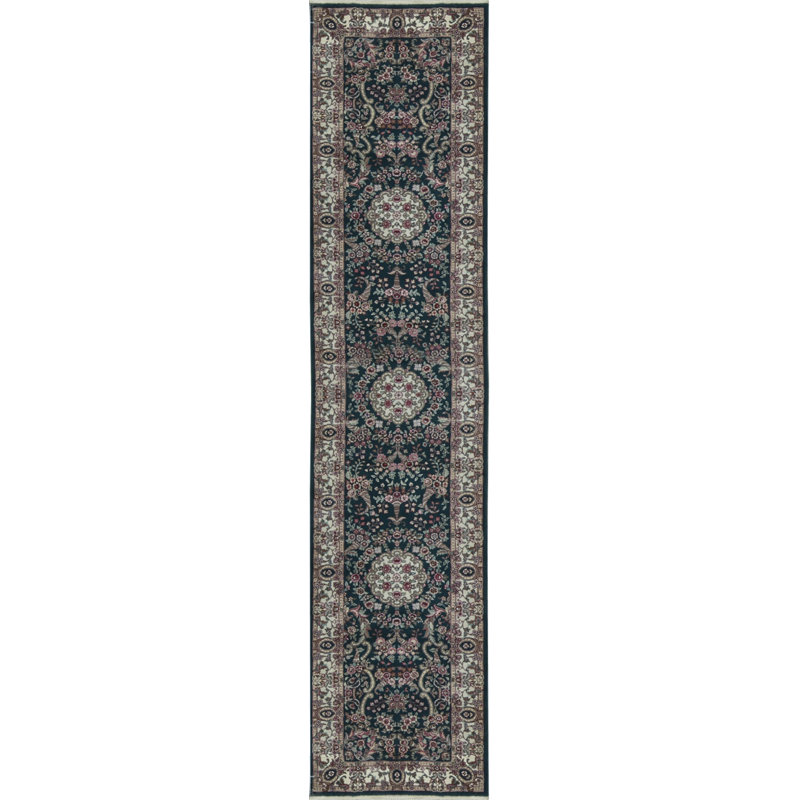 Tapis de couloir vert et ivoire noué à la main de haute qualité