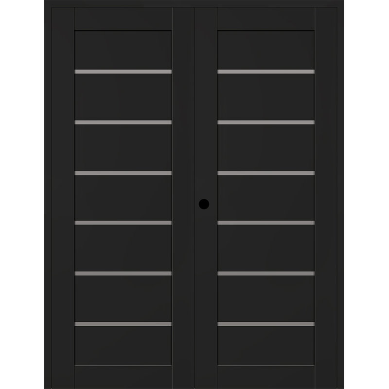 Double porte à panneaux en bois manufacturé et en verre Alba, Noir mat, 71,75 po x 95,24 po, Droite