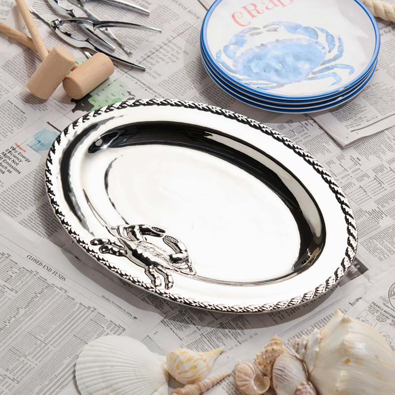 Élégante vaisselle Coastal: Plateau ovale en porcelaine plaquée argent - 16 x 12 pouces, résistant à la ternissure et parfait pour les repas haut de gamme