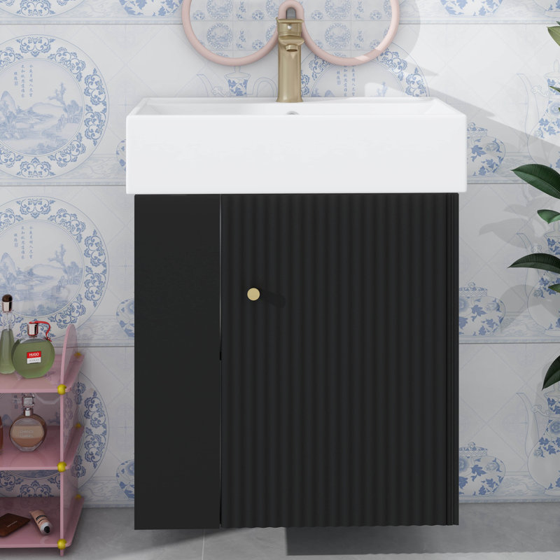 Ensemble de meuble-lavabo mural 21,6 po avec lavabo, ensemble de meuble-lavabo mural simple avec armoire et tablette de rangement à deux niveaux sur le côté gauche, armoire de rangement avec lavabo en céramique pour la salle de bain