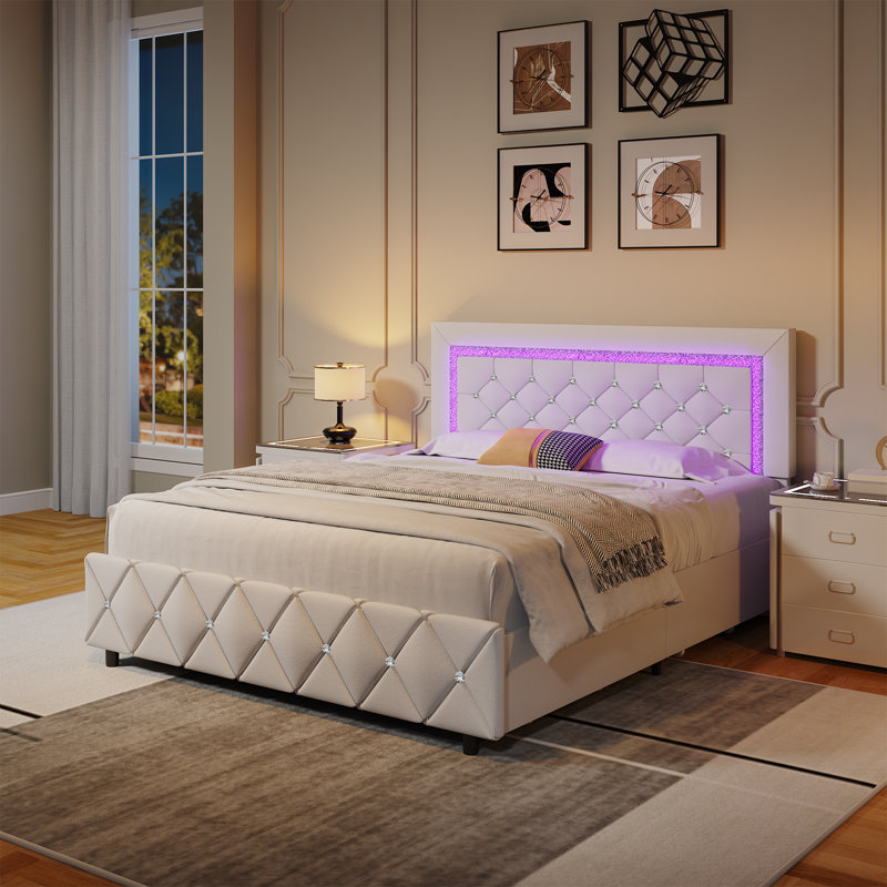 Alber Upholstered Platform Bed Frame with LED Lights & Storage Drawers - Diamond Tufted Headboard & Footboard, Modern Bedroom Furniture