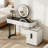Modern Vanity Table with Tempered Glass Top, Adjustable Height Legs, Multi-functional Storage Cabinet and Round Mirror, White and Black, 100cm/39.37in Wide - Perfect for Bedroom, Dorm, Small Spaces.