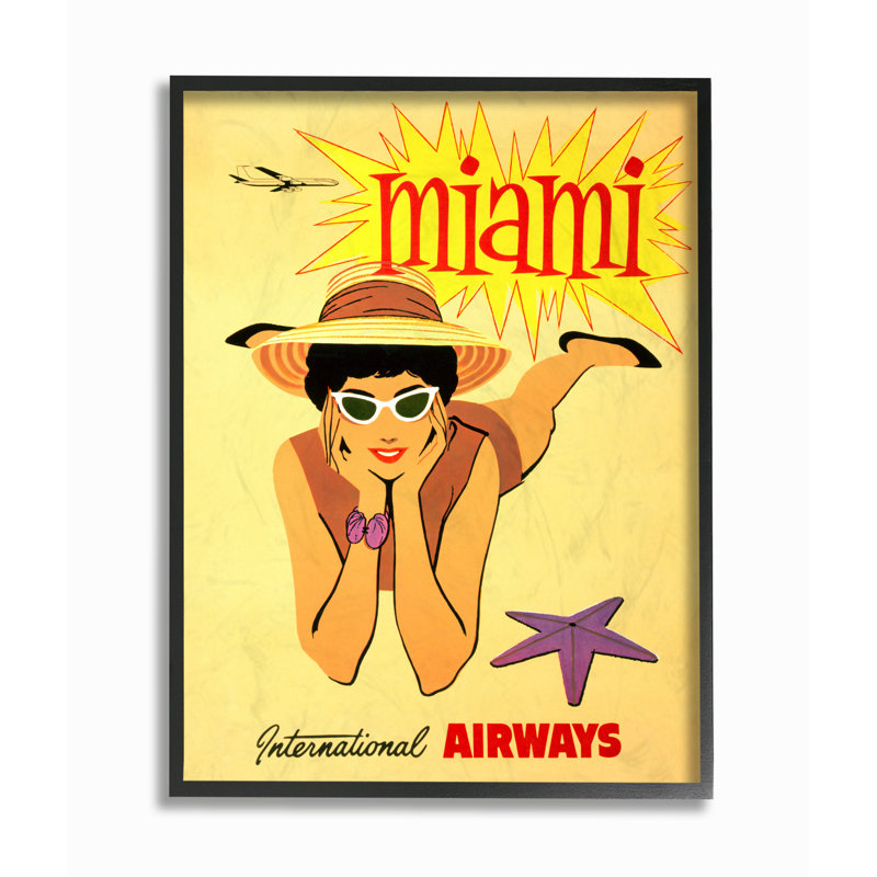 «Miami Beach», affiche publicitaire rétro, H 20 po x l 16 po, Giclée encadrée noir minuit
