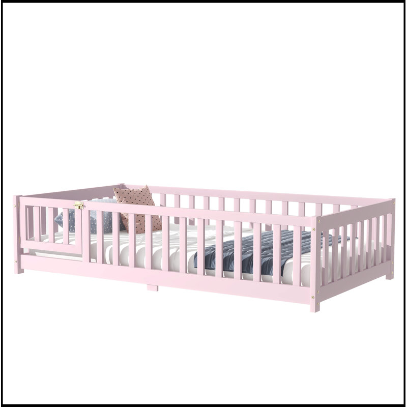 Twin Size Floor Bed With Fence And Door,Rubber Wood Floor Bed With Safety Guardrails,Pink, Twin, Pink