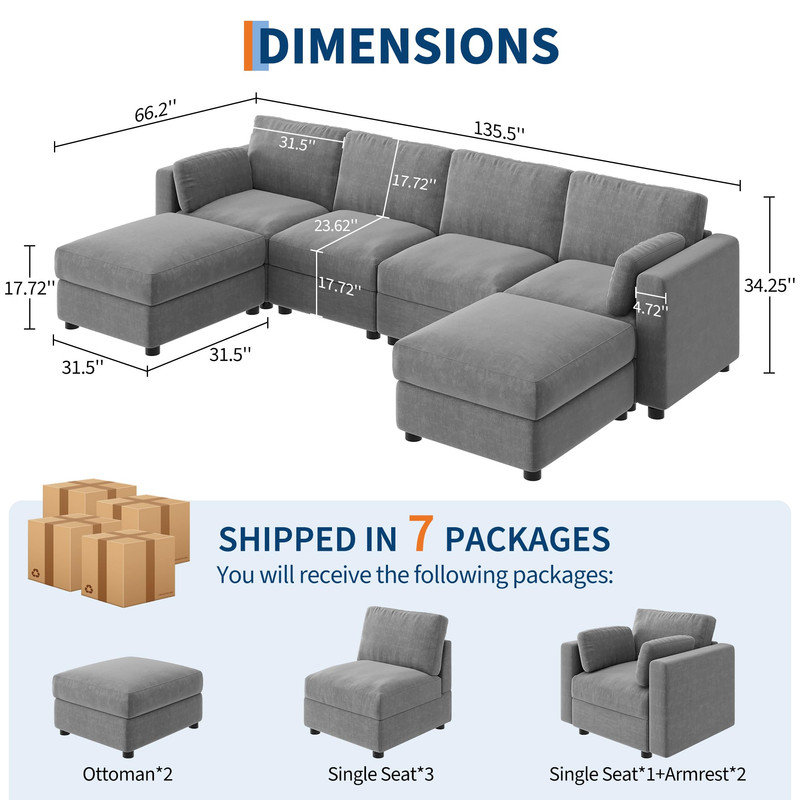 Canapé modulaire en forme de L gris, 6 sièges avec repose-pieds, coussins profonds, canapé reconfigurable pour le salon, Gris