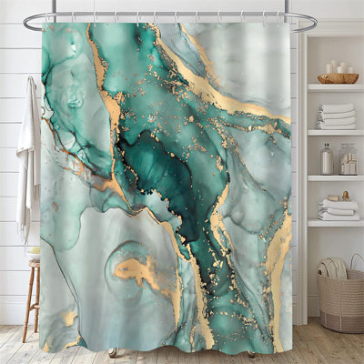 Ensemble de 4 rideaux de douche en marbre vert ensemble de salle de bain abstrait bleu sarcelle avec rideaux et rideaux de douche en tissu doré pour accessoires de décoration de salle de bain