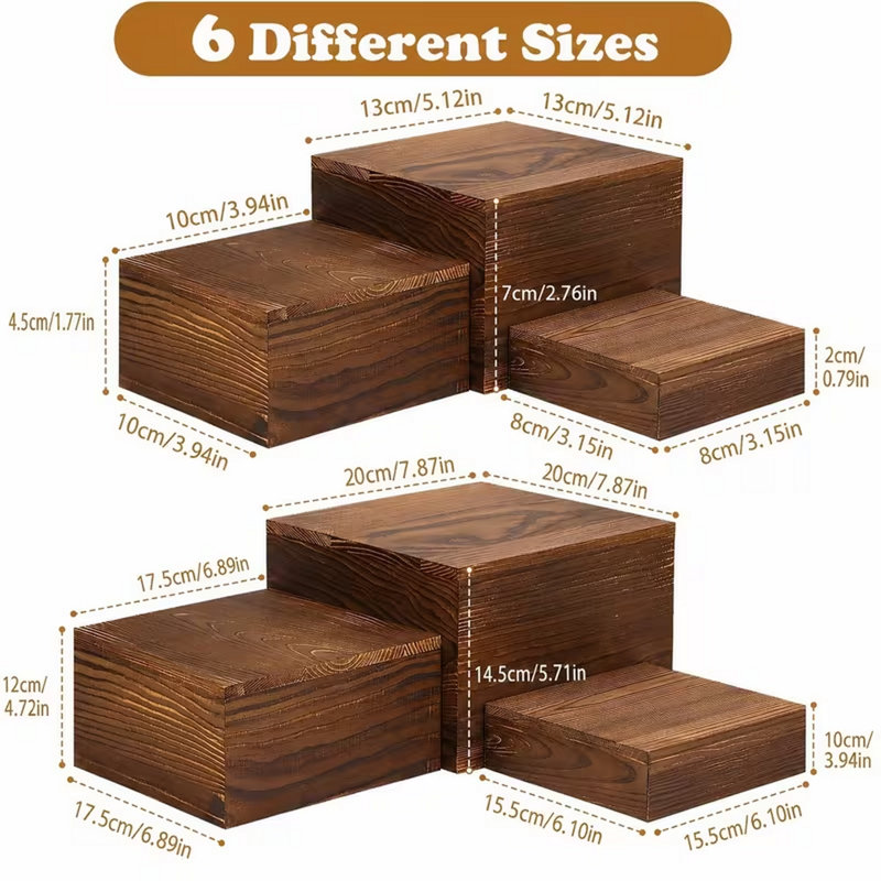 6-Piece Rustic Brown Wood Display Riser Set for Dessert Tables and Party Decor