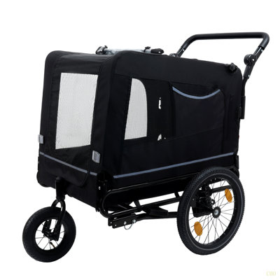 Très grande remorque à vélo 2 en 1 et chariot à pousser pour animaux de compagnie - Attache de vélo détachable et poignée incluse - Roues tout-terrain, roue à dégagement rapide, plancher antidérapant, laisse interne, peut supporter jusqu'à 88 lb