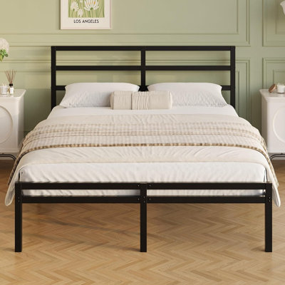 Lit plateforme en métal Queen avec tête et pied de lit, style classique, rangement sous le lit, support robuste, conception silencieuse, montage facile, noir