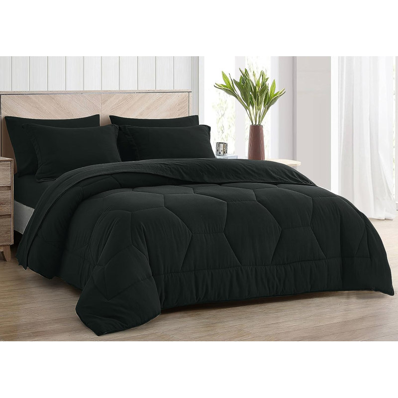 Washed Microfiber 7-Pieces Honeycomb Comforter Set with Sheets, Twin Comforter + 4 Additional Pieces, Black