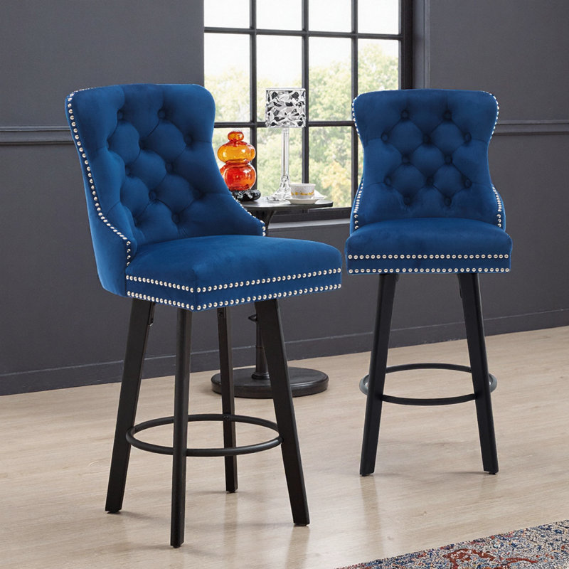 Ensemble de 2 tabourets de bar pivotants en velours - Tabouret de cuisine capitonné gris foncé avec repose-pieds, Marine