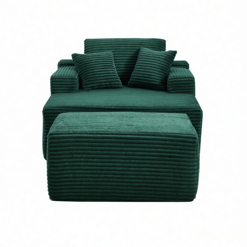 47" Corduroy Compression Sofa with Ottoman, No Assembly Required, Foam & Independent Pocket Springs, Green