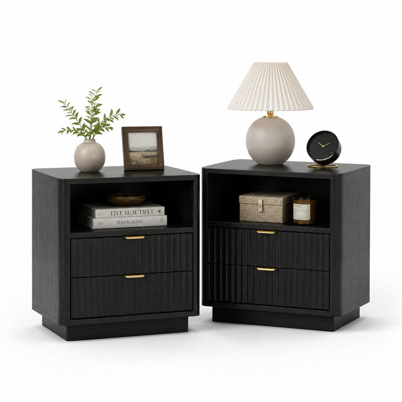 22''W Modern Set of 2 Nightstands with Wavy Fluted Drawers, Black