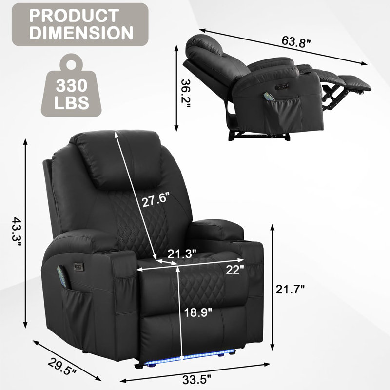 Power Recliner Chair with Massage and Heat,Faux Leather Electric Reclining Recliners Chair with LED Lights,Lumbar Pillow,USB Port for Living Room