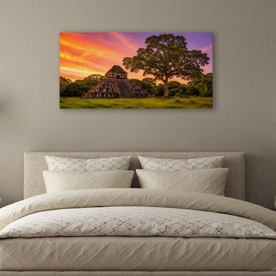 Canvas Wall Art Mayan pyramid next to tree Copn Ruinas temples Wall Decor for Living Room Bathroom Bedroom Office 20"H x 40"W Art Paintings, Ready to Hang