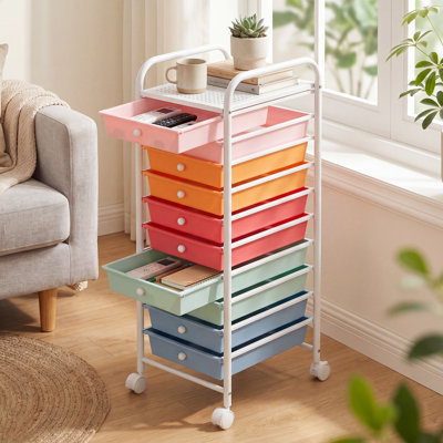 10-Drawer Rolling Storage Cart with Wheels, Mobile Utility Trolley Organizer - Plastic Drawers for Home Office, Training Room & Craft Supplies - Multi-Purpose