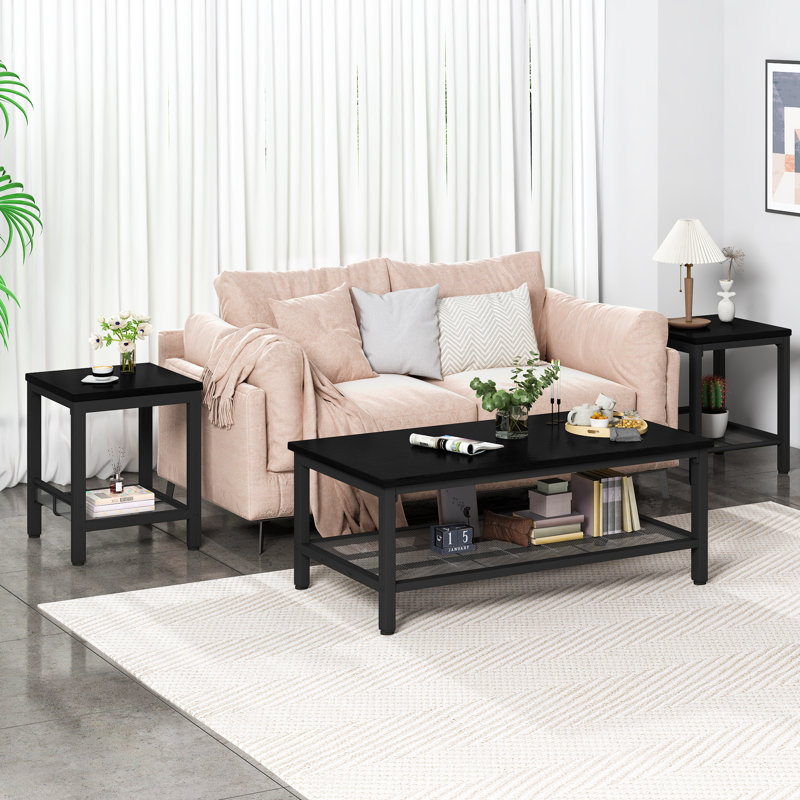 A Lightweight And Portable Coffee Table Set Of Three Pieces, With A Wood-grain Tabletop And A Black Metal Structure,unique Mesh Design For Storage Space, Simple Living Room Table Set With An Extremely High Cost Performance