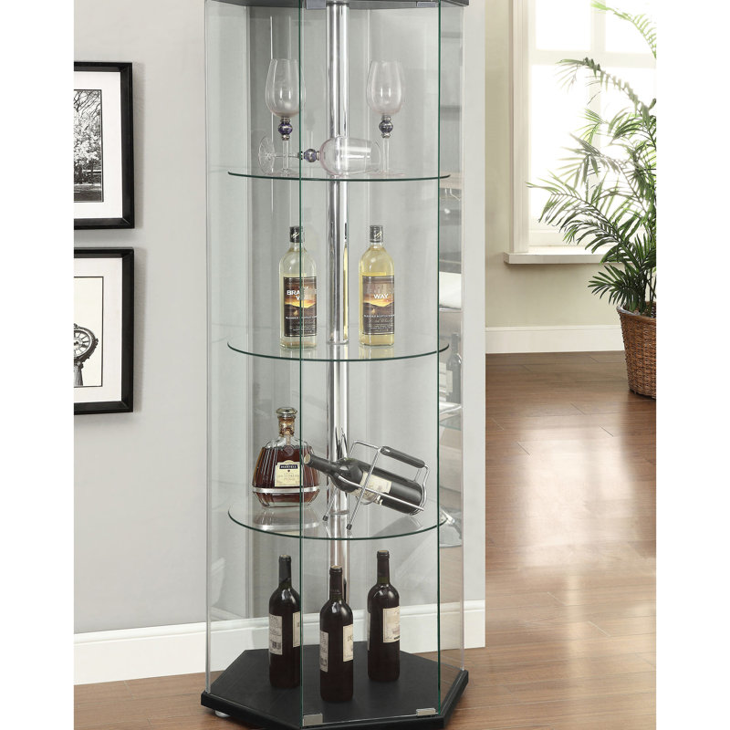 Armoire noire et en verre à 4 tablettes au design hexagonal pour ranger les livres dans les espaces de vie principaux