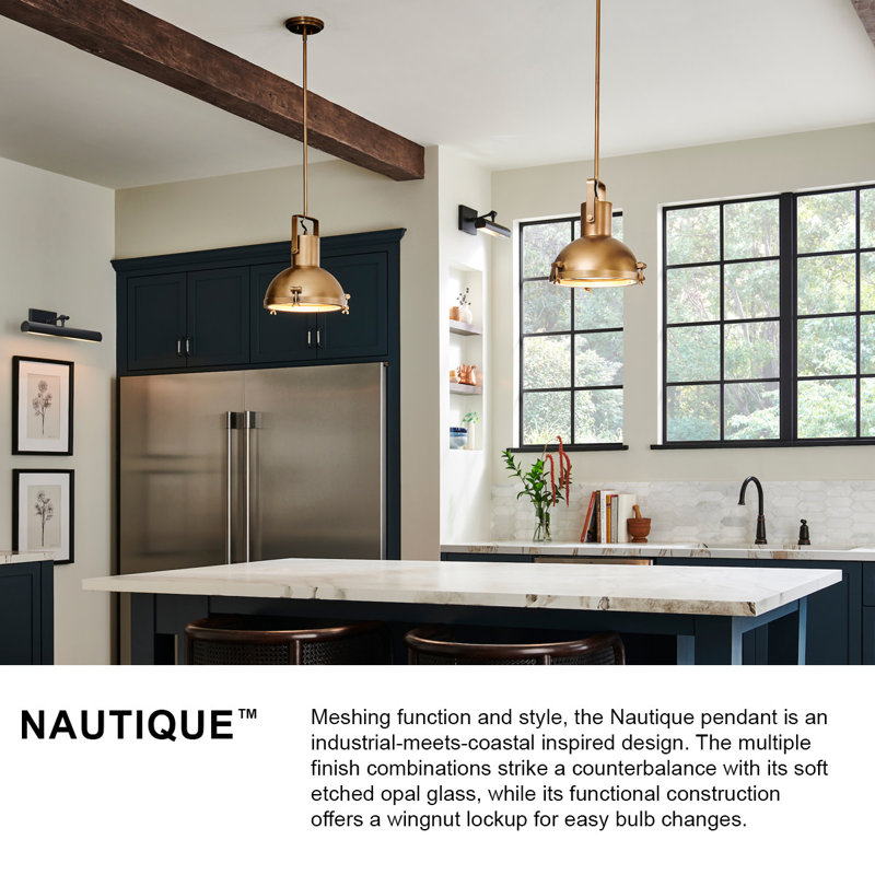 Nautique Single Light Coastal Pendant w/ Etched Opal Glass, 14.5" H x 13" W x 13" D, Heritage Brass