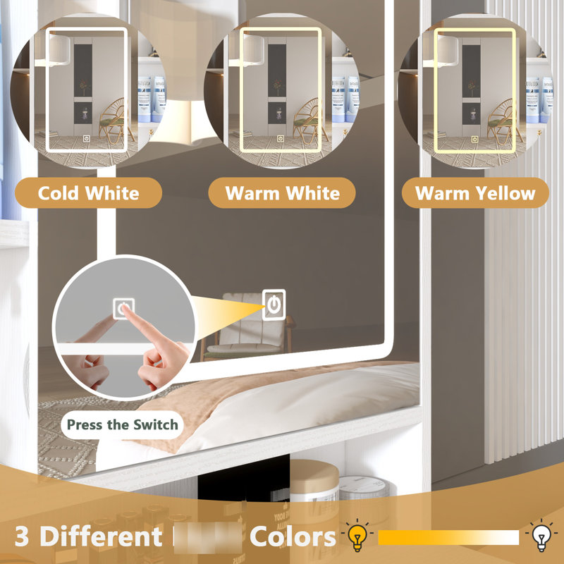 Vanity Dresser With 3 Lights & Mirror, 4 Drawers, 1 Cabinet, For Bedroom Style Featuring 3 Color Adjustable Openable , Elegant Touch