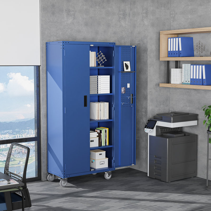 Steel Tool Storage Cabinet With Wheels And Hole Plate, Blue