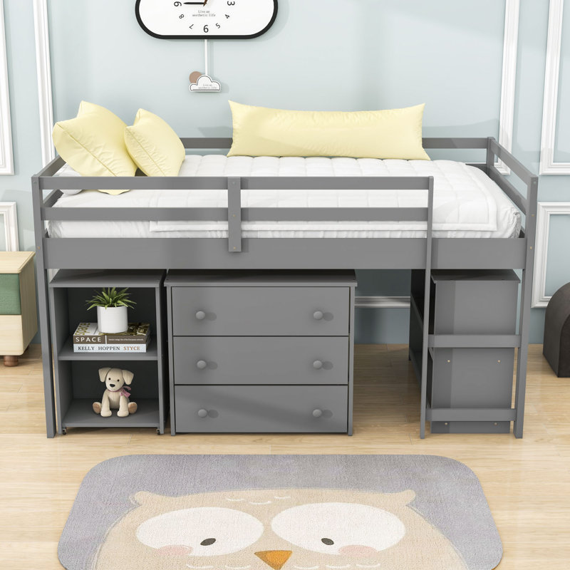 Elieser Kids Twin Loft Bed with Drawers, Gray
