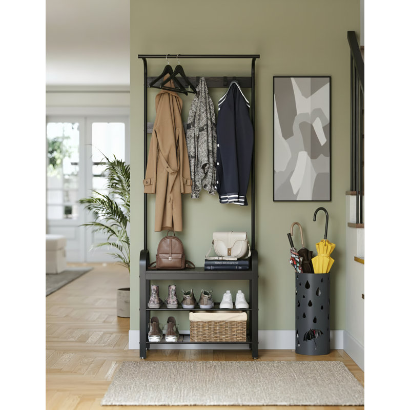 Charcoal Gray/Black 4-In-1 Entryway Coat Rack With Shoe Bench + 9 Detachable Hooks/Bar. Dimensions: 13.4 X 28.4 X 72.2 Inches.
