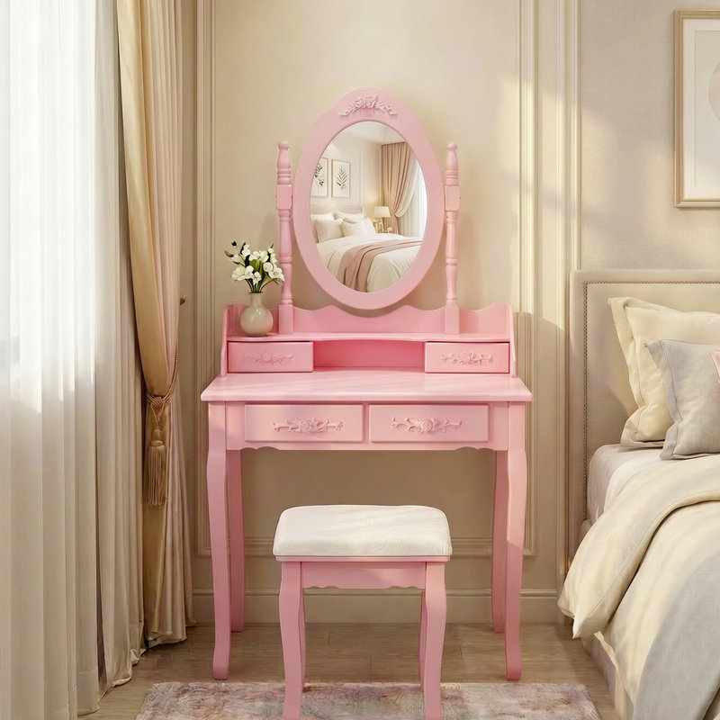 Coiffeuse à maquillage rose avec 4 tiroirs, miroir réglable à 360 ° et bureau d'organisation de chambre à coucher, Pink