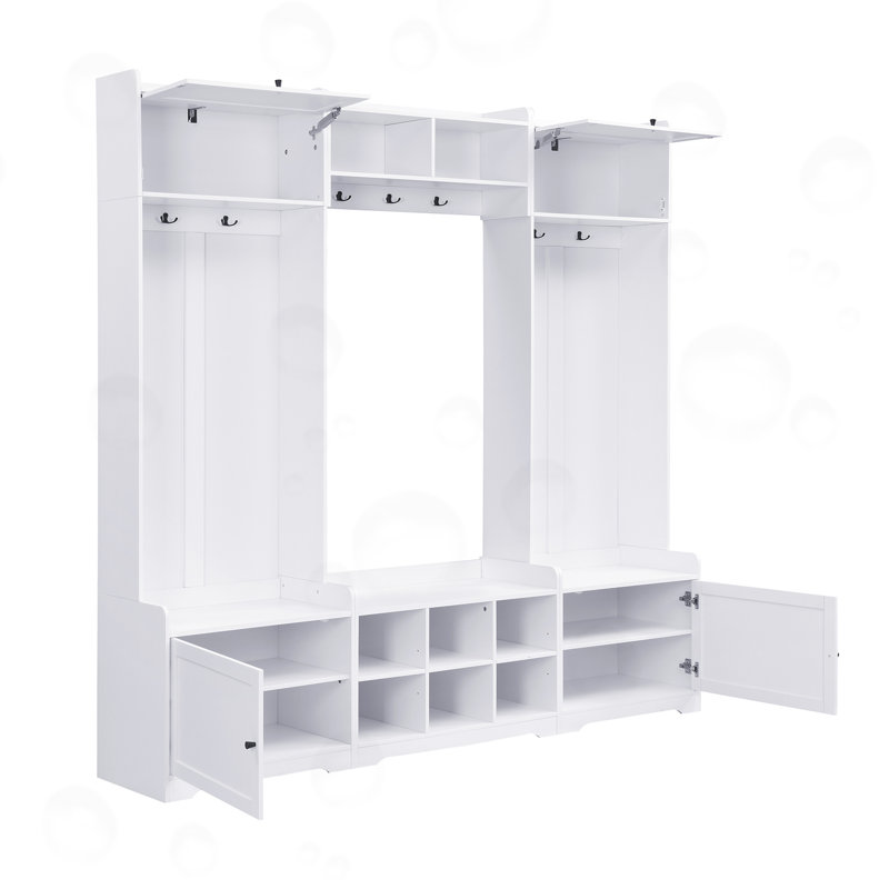 Hall Tree with 8 Cubbies, 7 Coat Hooks and Adjustable Shelf, White