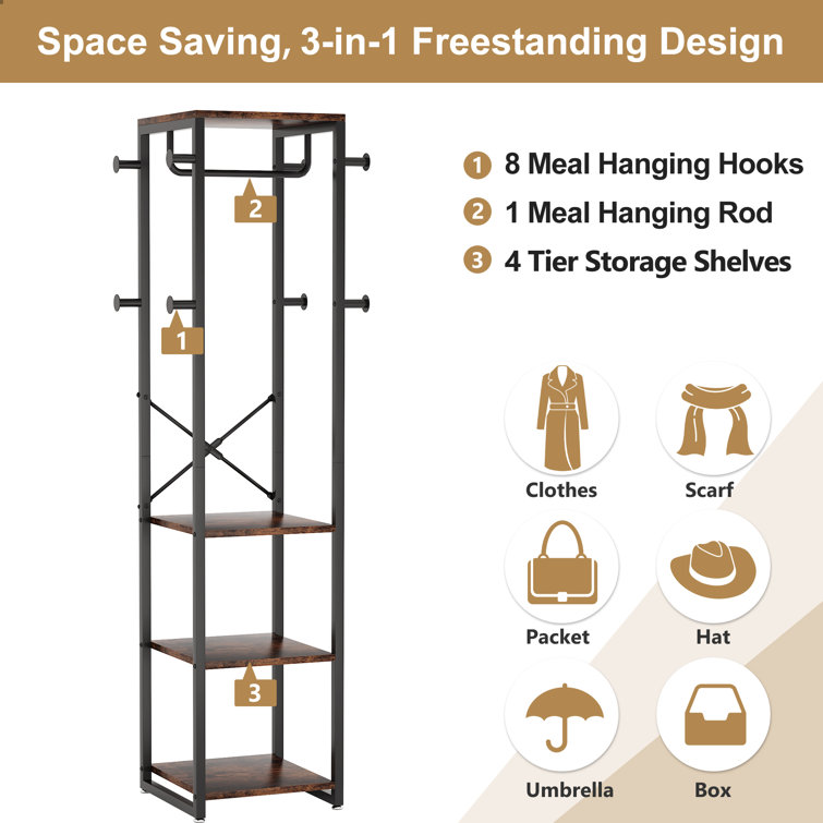 17 Stories Reelika 15.75'' Wide 8 - Hook Freestanding Coat Rack with Storage in Brown/Black