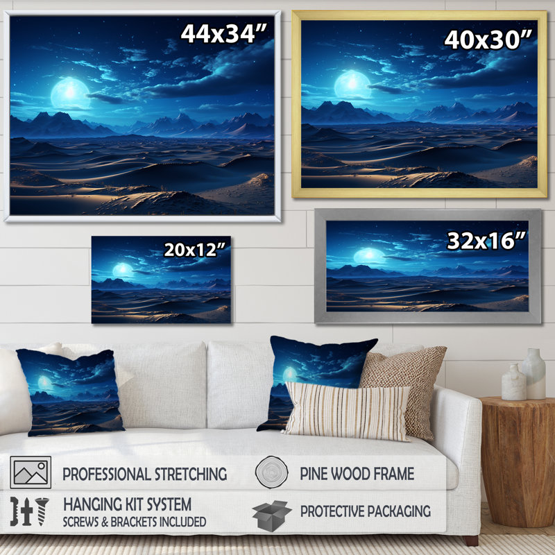 «Blue Nocturnal Desert Dunes I», art mural désert, Toile tendue, H 24 po x l 32 po x P 1 po