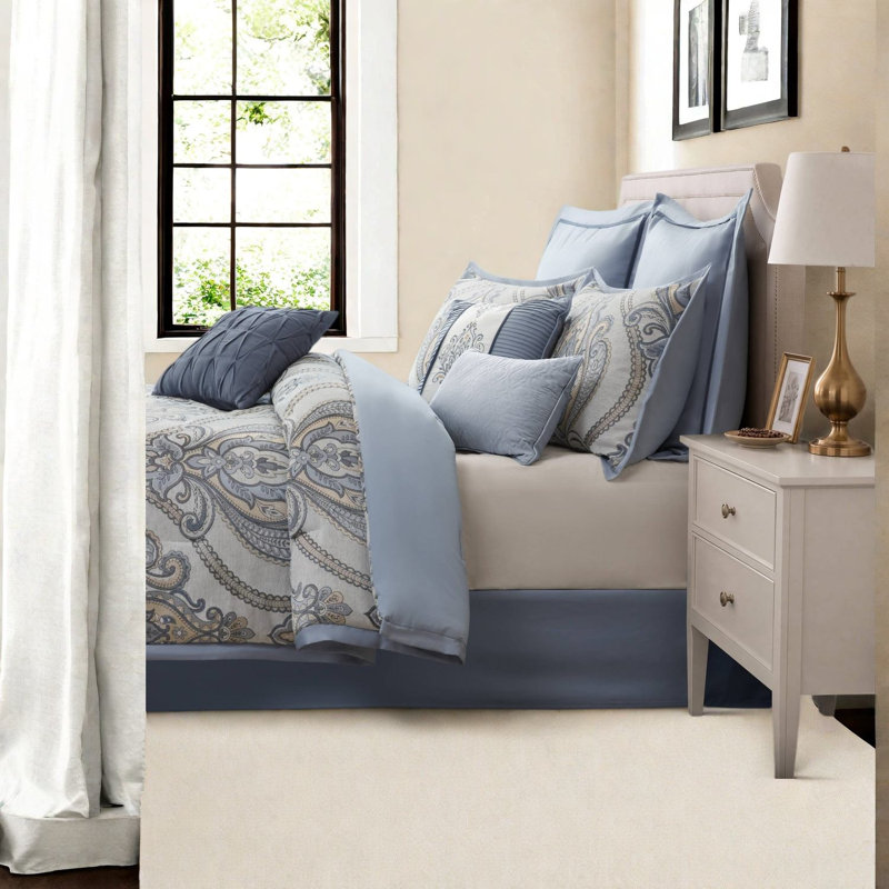 Piece Cal King Bedding Sets, Blue Jacquard Comforter, Elegant Bedroom