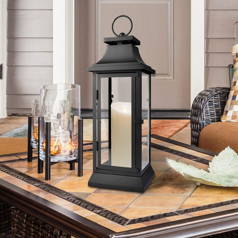 Metal and Glass Outdoor Floor Lantern, 20" H x 6.75" D x 6.75" D, Black