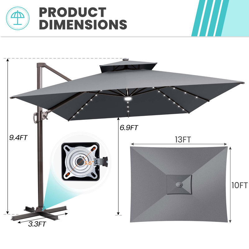 Parasol en porte-à-faux 13 pi 10 pi avec lumières DEL, base lestée non inclus, Dark Grey
