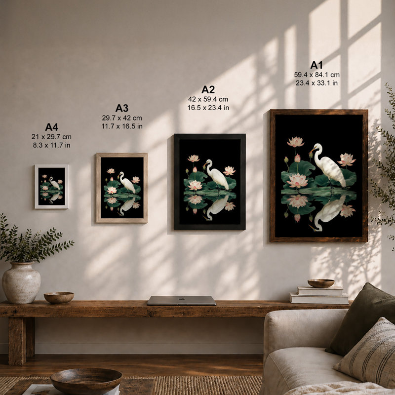 Egret Among Lotus Japandi - Framed Print, A2 - 59.4 x 42.0 cm, Walnut