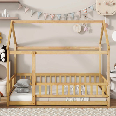 Twin Size House Floor Wooden Bed With Roof Frame,Safety Guardrails,Natural
