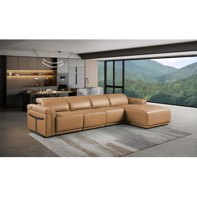 Cognac Right-Facing 4-Piece L-Shaped Sectional In Top-Grain Italian Leather With 3 Power Recliner & Adjustable Headrests