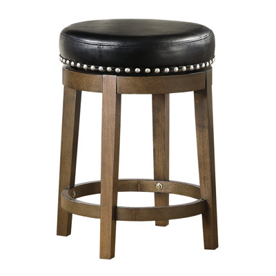 Counter Height Stool Of 2, Round 360-Degree Swivel Seat In Black Faux Leather, Nailhead Trim, Solid Wood Brown Frame For Dining Room Decor Stools (2), Leather With Casual